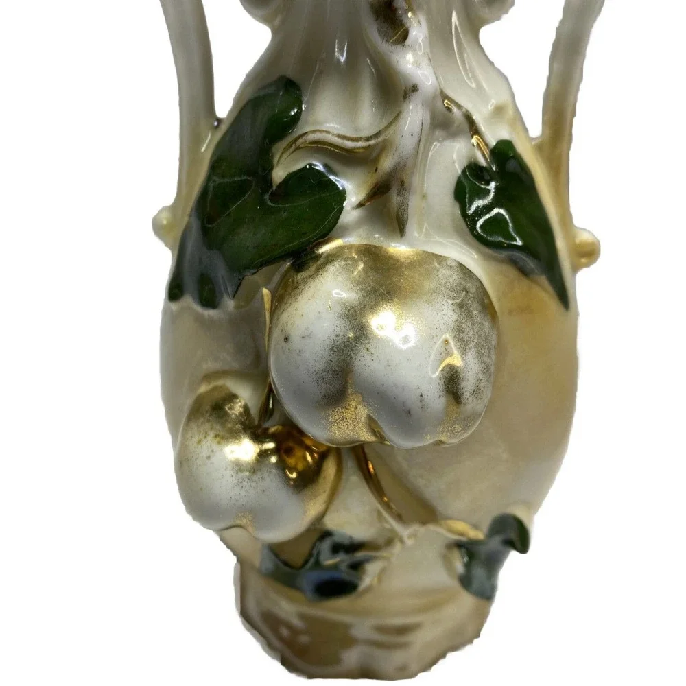 Antique Small Iridescent Two Handled Vase Raised Fruits Leaves Gold G.H. Mumm Co